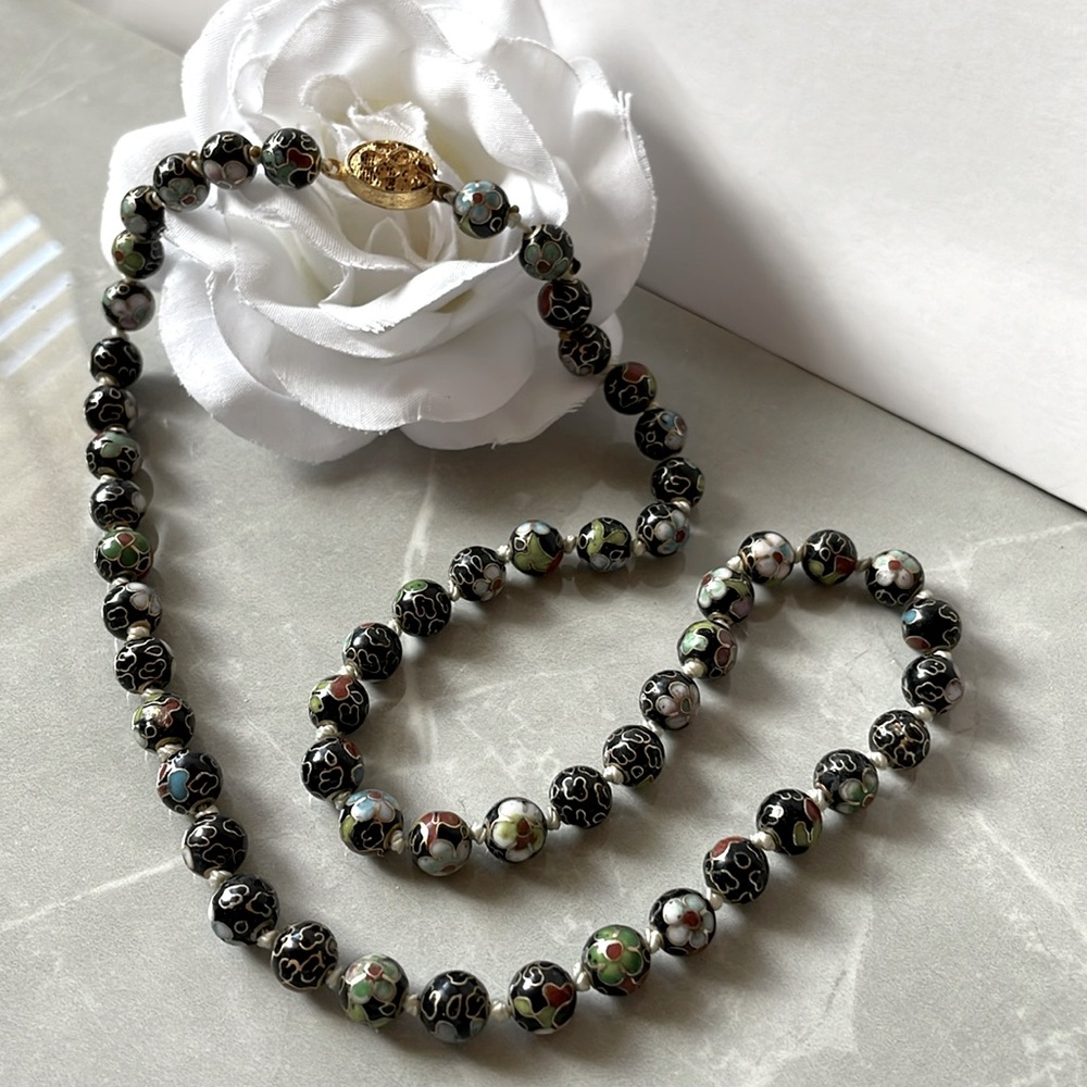 Sale! Vintage Cloisonné statement beaded necklace black bead statement jewelry